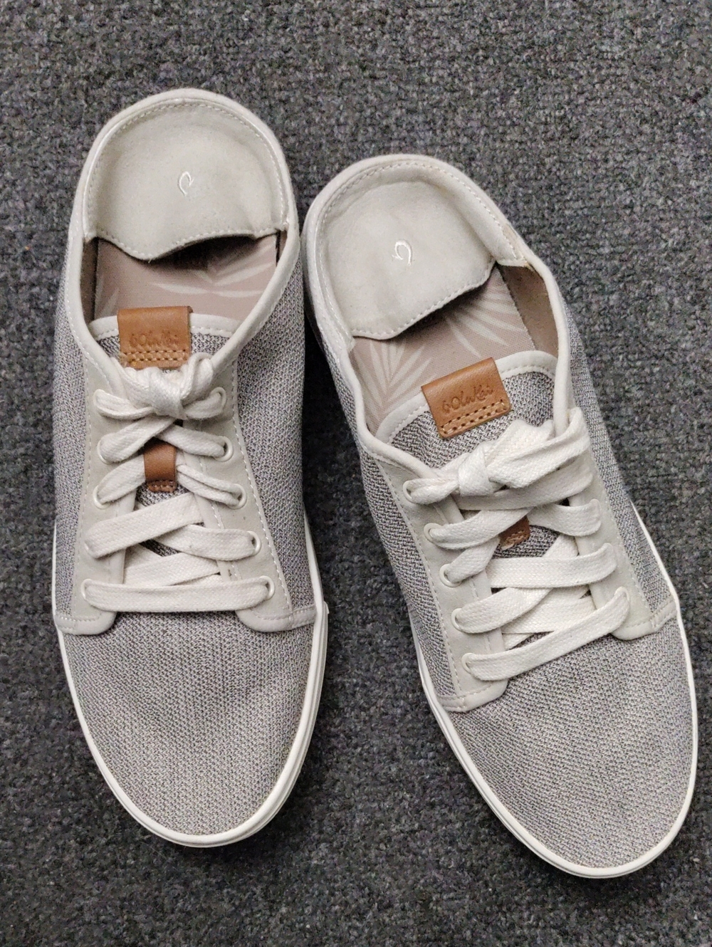 OluKai Women's Light Gray Knit Lace-Up Sneakers with Brown Accents